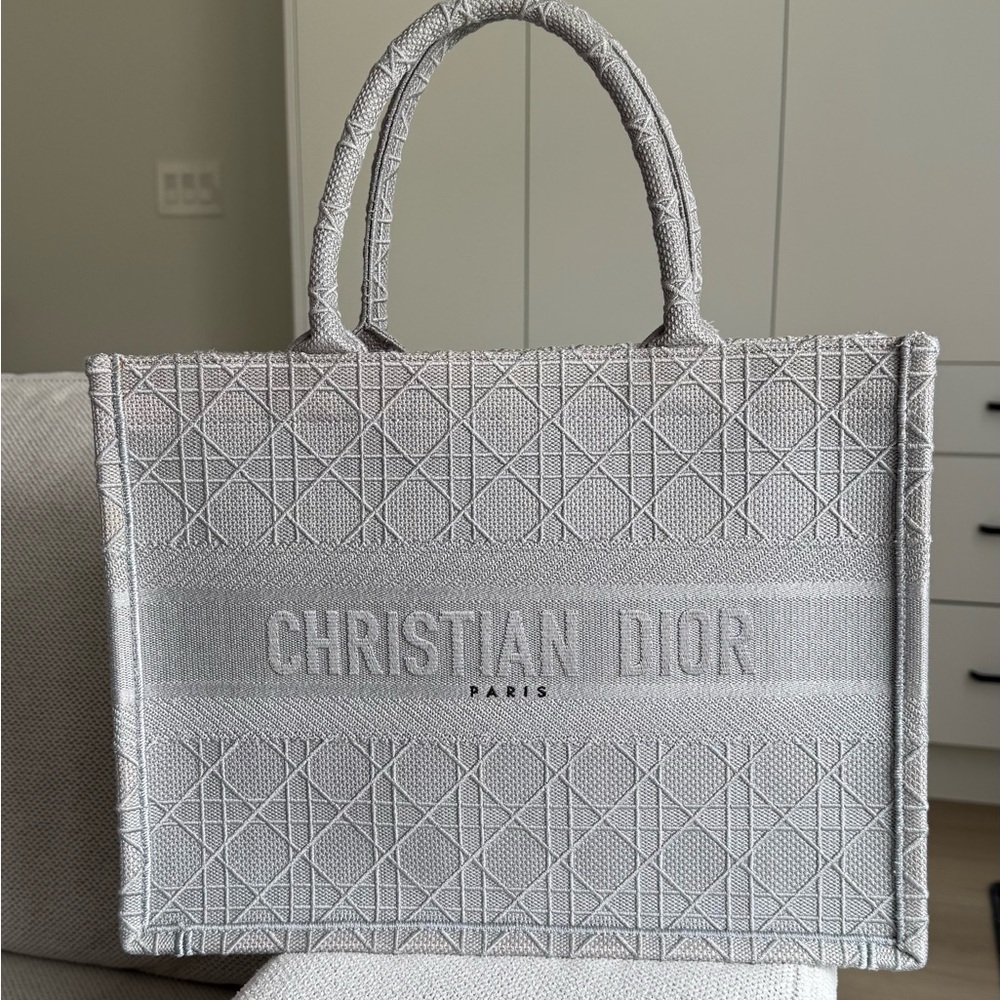 Authentic NEW Christian Dior Embroidered Cannage canvas grey medium book tote